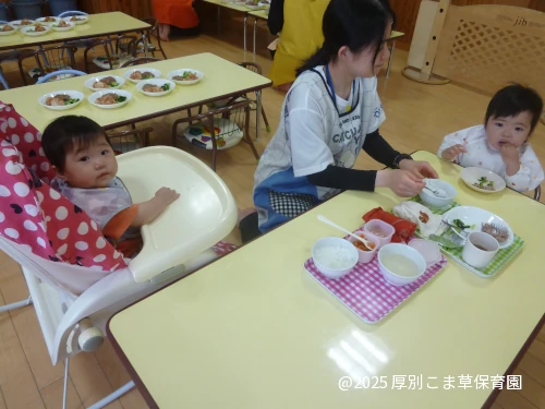 たんぽぽ組（0歳児）のお子さまの食事の様子
