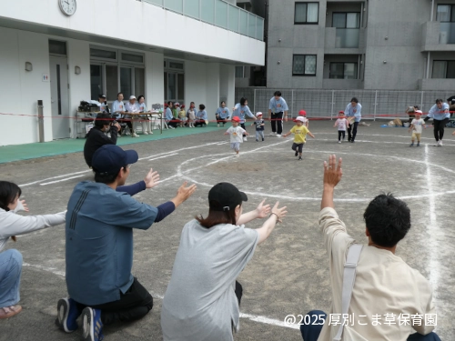 運動会でお父さんお母さんに向かって可愛らしく走っている1歳児の子どもたちの様子