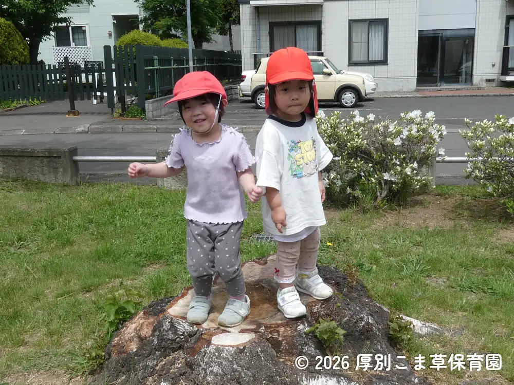 切り株の上に乗って遊んでいる子どもたちの様子