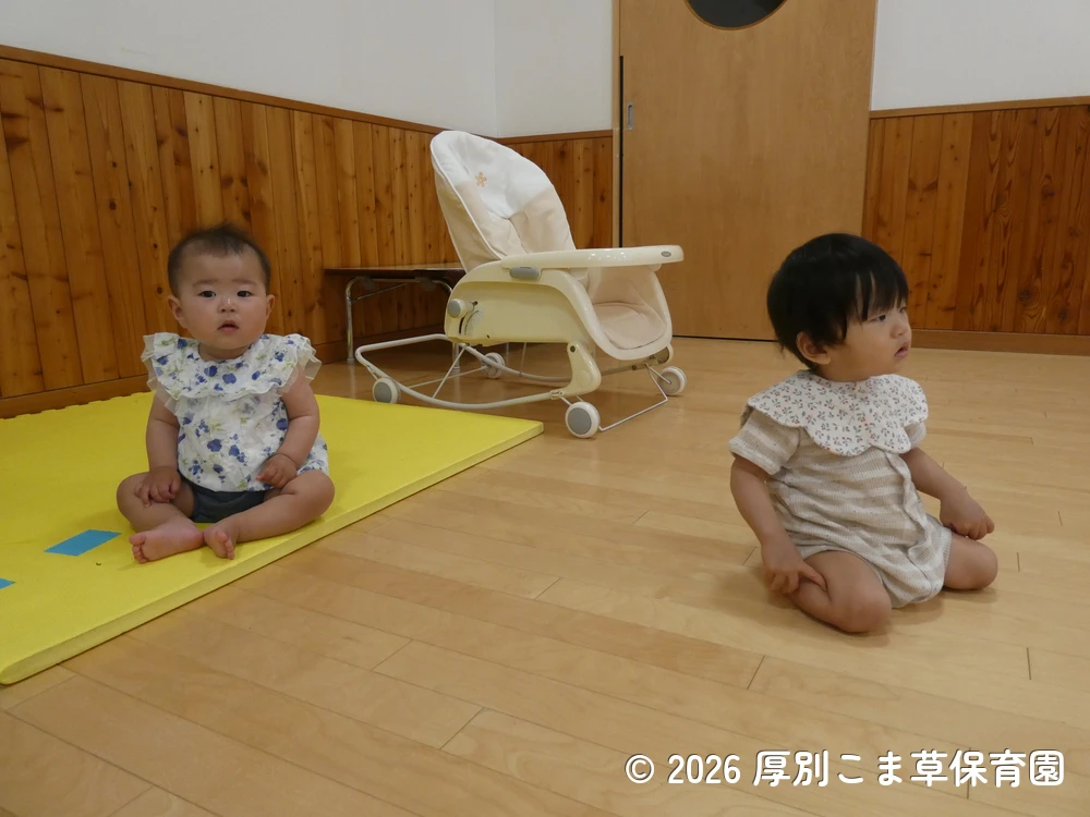 会場の後方で誕生会の様子を見ているたんぽぽ組（０歳児）の子どもたちの様子