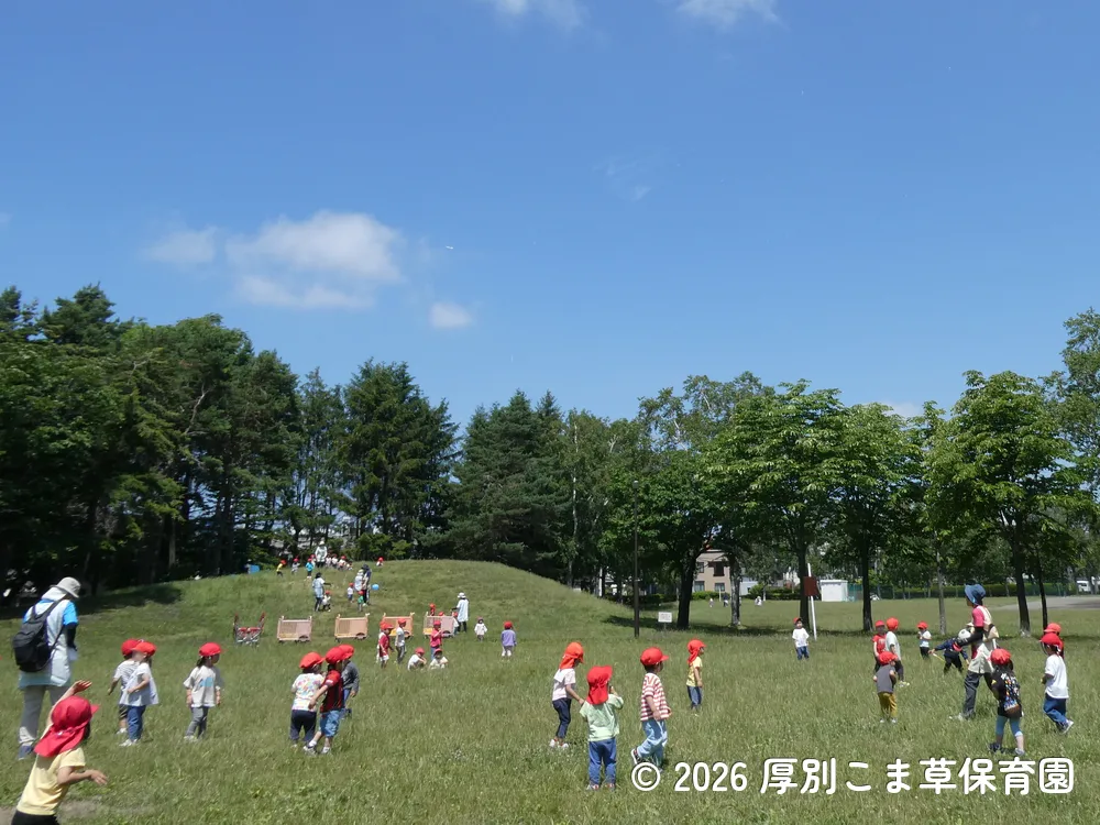 青空の下で元気いっぱいに遊ぶ子どもたちの様子