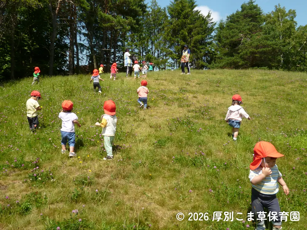 公園の山で遊んでいるたんぽぽ組（１歳児）の子どもたちの様子