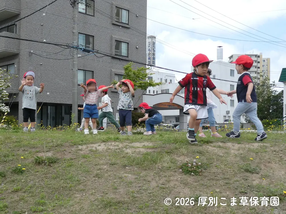 公園のお山で元気に遊んでいるちゅうりっぷ組（２歳児）の子どもたちの様子