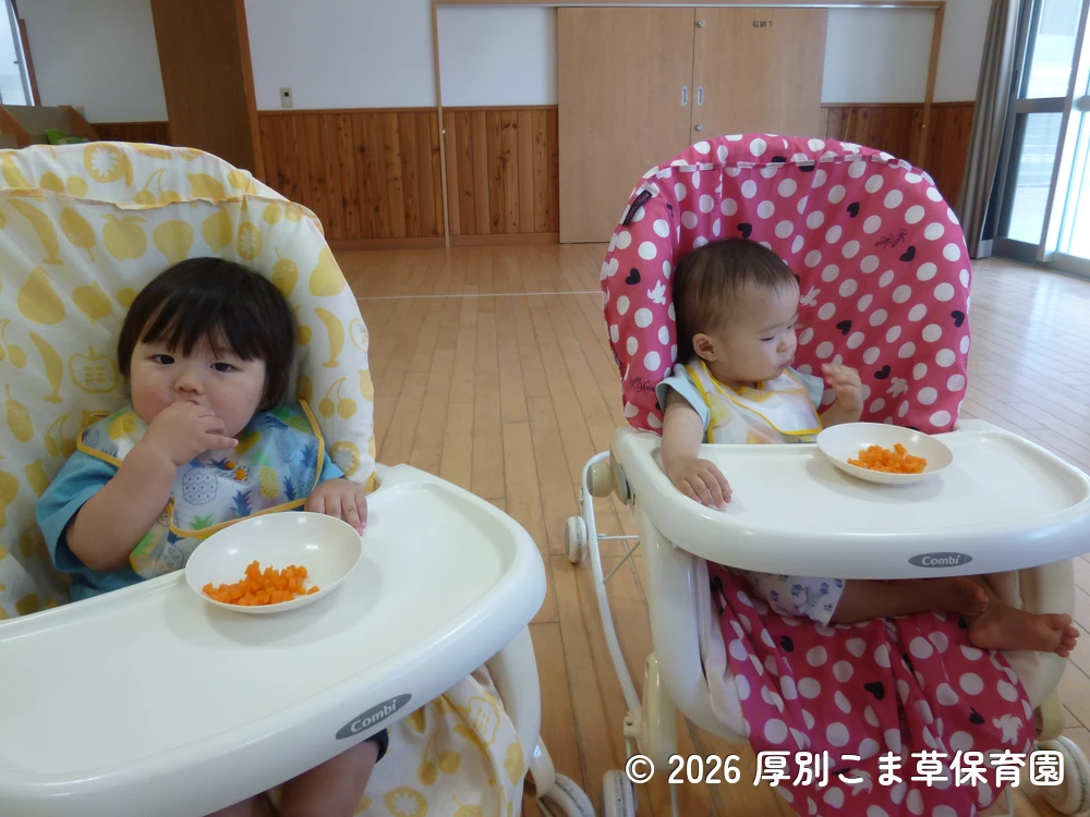 一生懸命ご飯を食べているたんぽぽ組（０歳児）の子どもたちの様子