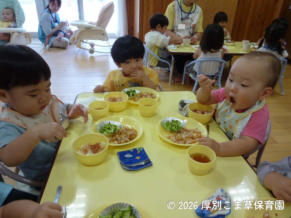 みんなで仲良くお昼ごはんを食べているたんぽぽ組（１歳児）の子どもたちの様子